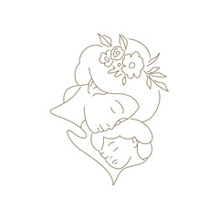 Young mother with flower hairstyle hugging little baby daughter continuous line art logo vector