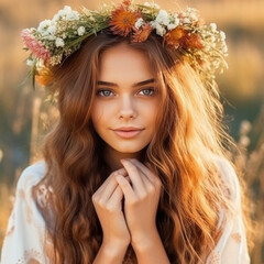 Portrait of beautiful girl with wreath of flowers on her head while sunset. Beautiful young woman with wreath of flowers on her head in wheat field.