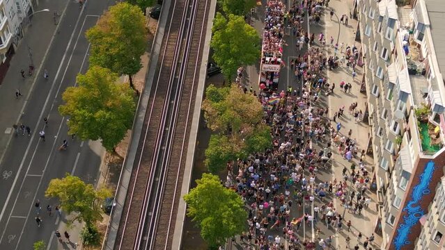 Beautiful aerial top view flight drone CSD Pride Love Parade 2023 in city Berlin