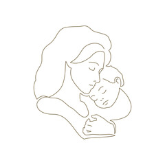 Mother's Day continuous line art style logo mommy hugging little son contoured silhouette vector