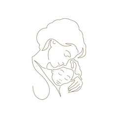 Happy family young mother hugging little daughter love silhouette continuous line art logo vector