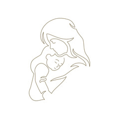 Mother's Day mom embracing little daughter kid child silhouette continuous line art logo vector