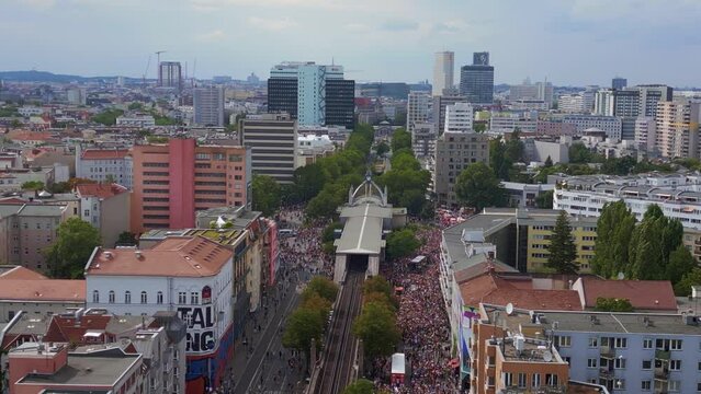 Perfect aerial top view flightdrone. CSD Pride Love Parade 2023 in city Berlin