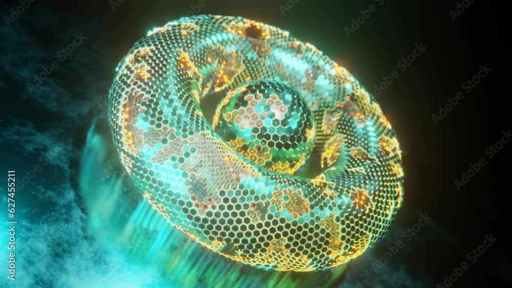 Poster loop 3d animation. abstract geometric figure of a set of hexagons. a torus of metal segments and a s