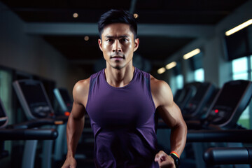 Obraz premium creative portrait of Sexy muscular athletic man in sportswear working out and running on treadmill