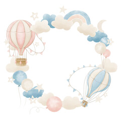 Wreath with hot Air Balloons in pastel colors. Hand drawn circular Frame with vintage aircrafts with clouds and stars for Baby shower greeting cards or kid invitations on white isolated background.