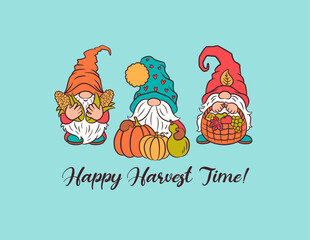 Happy harvest greeting card cute design with gnomes. Sweet swedish gnome autumn character. Fall Thanksgiving design gnome Tomte whimsical funny scandinavian elf. Cottagecore farm rural theme design.