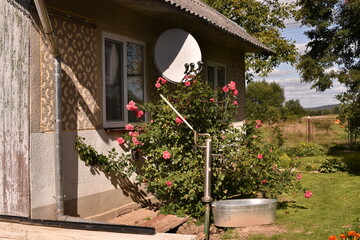 Fototapeta na wymiar rural house in summer, flowers in front of the house