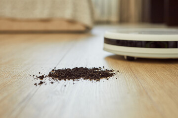 Modern robotic vacuum cleaner removing dirt or soil from wooden floor. Smart home concept.