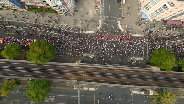 Fabulous aerial top view flight drone. CSD Pride Love Parade 2023 in city Berlin