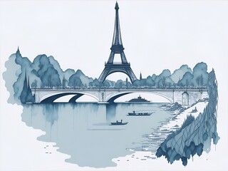Eiffel Tower cartoon drawing. AI generated illustration