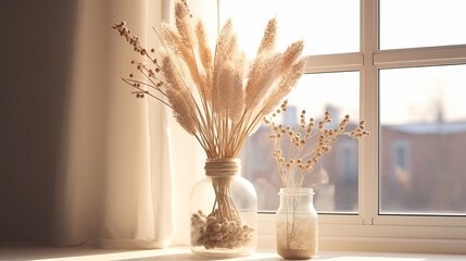 A light-style corner arrangement of dried flowers near windows. Scandinavian interior design - obrazy, fototapety, plakaty