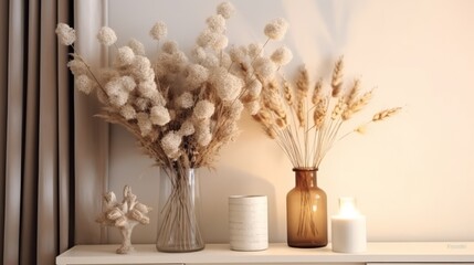 Stylish ceramic vase set on the table with dried lagurus grass bouquet, light brown wall background