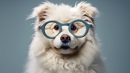 Dog wearing glasses. Smart fluffy dog with round glasses