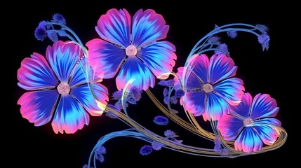 Illustration of a vibrant arrangement of blue and pink flowers against a contrasting black background
