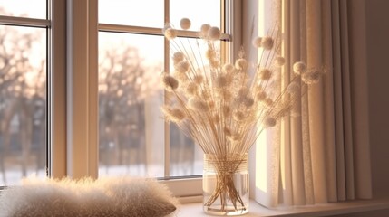 A light-style corner arrangement of dried flowers near windows. Scandinavian interior design