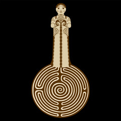 Ariadne. Figurine of Mycenaean mother goddess on top of a round spiral maze or labyrinth symbol. Creative concept with archaic ancient Greek woman. On black background.