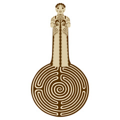 Ariadne. Figurine of Mycenaean mother goddess on top of a round spiral maze or labyrinth symbol. Creative concept with archaic ancient Greek woman. Isolated vector illustration.