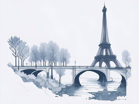 Eiffel Tower cartoon drawing. AI generated illustration