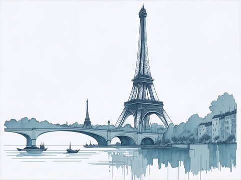Eiffel Tower cartoon drawing. AI generated illustration