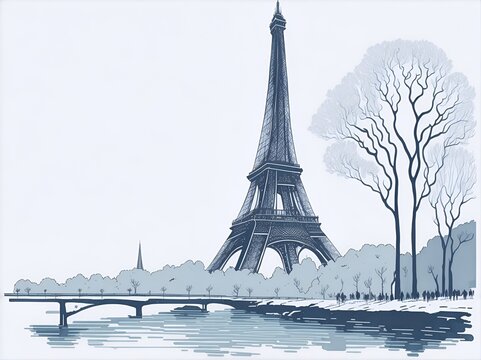 Eiffel Tower cartoon drawing. AI generated illustration