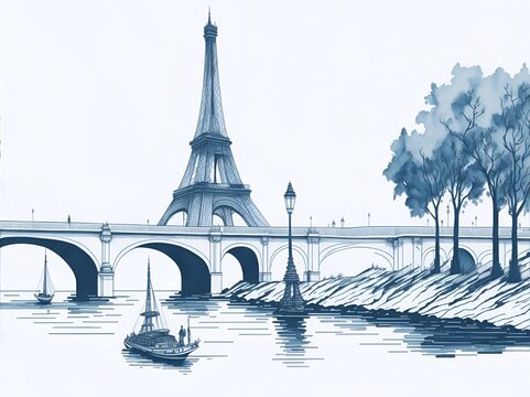 Eiffel Tower cartoon drawing. AI generated illustration