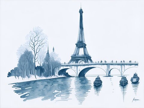 Eiffel Tower cartoon drawing. AI generated illustration