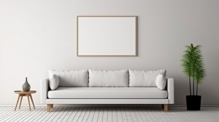 Illustration of a modern living room with a minimalist white couch and a vibrant potted plant