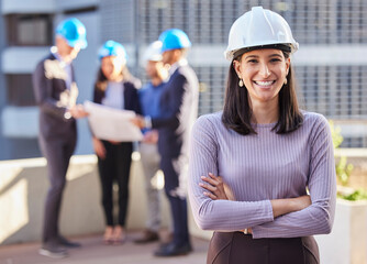 Happy woman, portrait and architect with arms crossed for construction in team management or...
