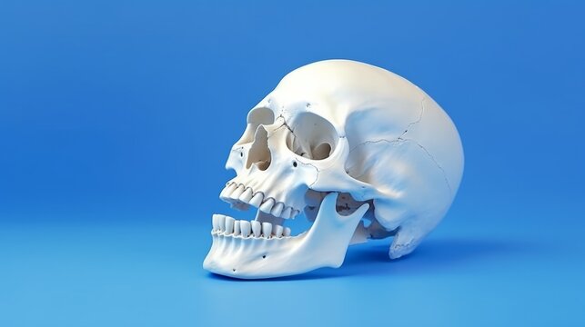 Illustration of a white human skull on a blue background