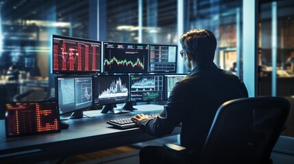 A trader using an AI-powered trading platform, with screens displaying real-time market data and automated trading algorithms at work