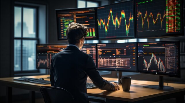 A trader using an AI-powered trading platform, with screens displaying real-time market data and automated trading algorithms at work