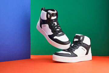 Fashion store or magazine concept. Classic Casual shoes into Creative minimal design. Unbranded...