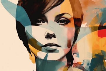 Beauty, fine art, fashion concept. Abstract modern art collage of woman portrait made of various and colorful geometric shapes. Generative AI