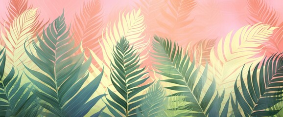 Tropical wallpaper in pastel and multicolor colors on pink background . Jungle, and Jungalow interior  wallpaper Style