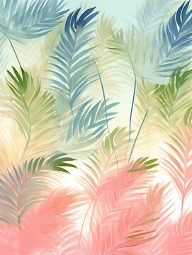 Tropical wallpaper in pastel and multicolor colors. Jungle, and Jungalow interior  wallpaper Style