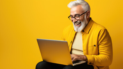 Elderly man working on a laptop on a yellow background.