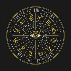 Horoscope wheel with constellation, golden shiny zodiac signs, all seeing, third eye in centre. Text Listen to Universe. Mystical astrological illustration in vintage style.