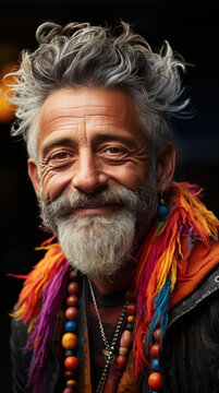 Portrait Of Middle Aged Man On The Solid Black Background. The Photo Showcases An LGBTQ+ Individual's Charm And Charisma, Capturing Their Magnetic Energy.