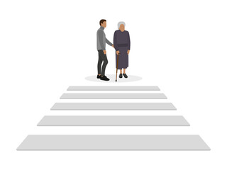 Male character helping an old woman to cross the road on a white background
