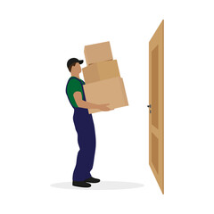 A loader with boxes in his hands standing in front of the door on a white background
