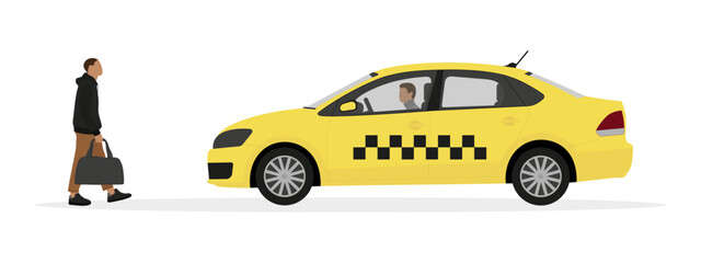 A male character with a bag in his hand goes to a taxi on a white background