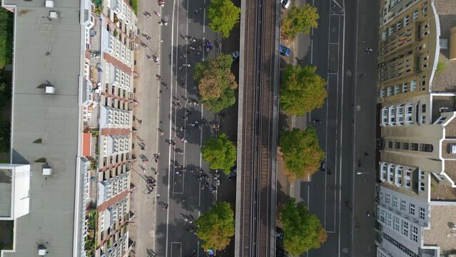 Unbelievable aerial view flight drone. CSD Pride Love Parade 2023 in city Berlin