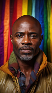Portrait of multi ethnic man on the ranbow flag background. The image showcases an LGBTQ+ person's inner beauty, a reflection of self-love and acceptance.