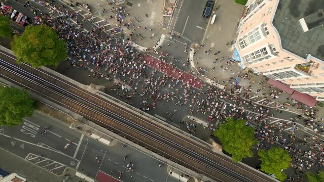 Wonderful aerial top view flight drone CSD Pride Love Parade 2023 in city Berlin