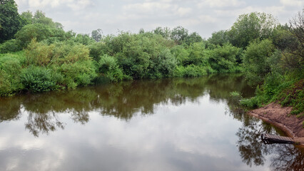 A river bank covered with lush green bushes, calm water and a bridge for swimming. Lithuanian nature, river - Minija