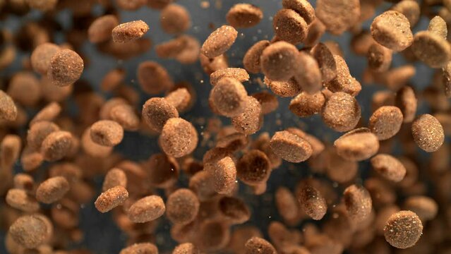 Super Slow Motion Shot of Dog Food Flying Towards Camera on Dark Background at 1000fps.