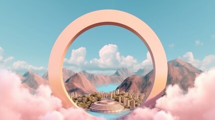 Illustration of a mysterious scenery skyscape with golden arch, surrounded by clouds, mountainous vistas