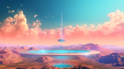 Illustration of a futuristic space station in the middle of the desert