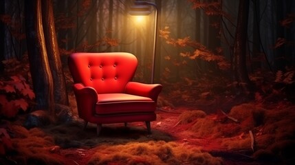 Illustration of a vivid red chair standing out in the midst of a serene forest scene